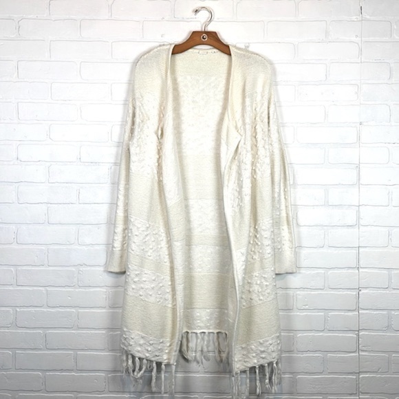 GAP Boho Ivory Longline Swiss Dot Cotton Open Front Fringe Hem Cardigan Sweater - Picture 4 of 13